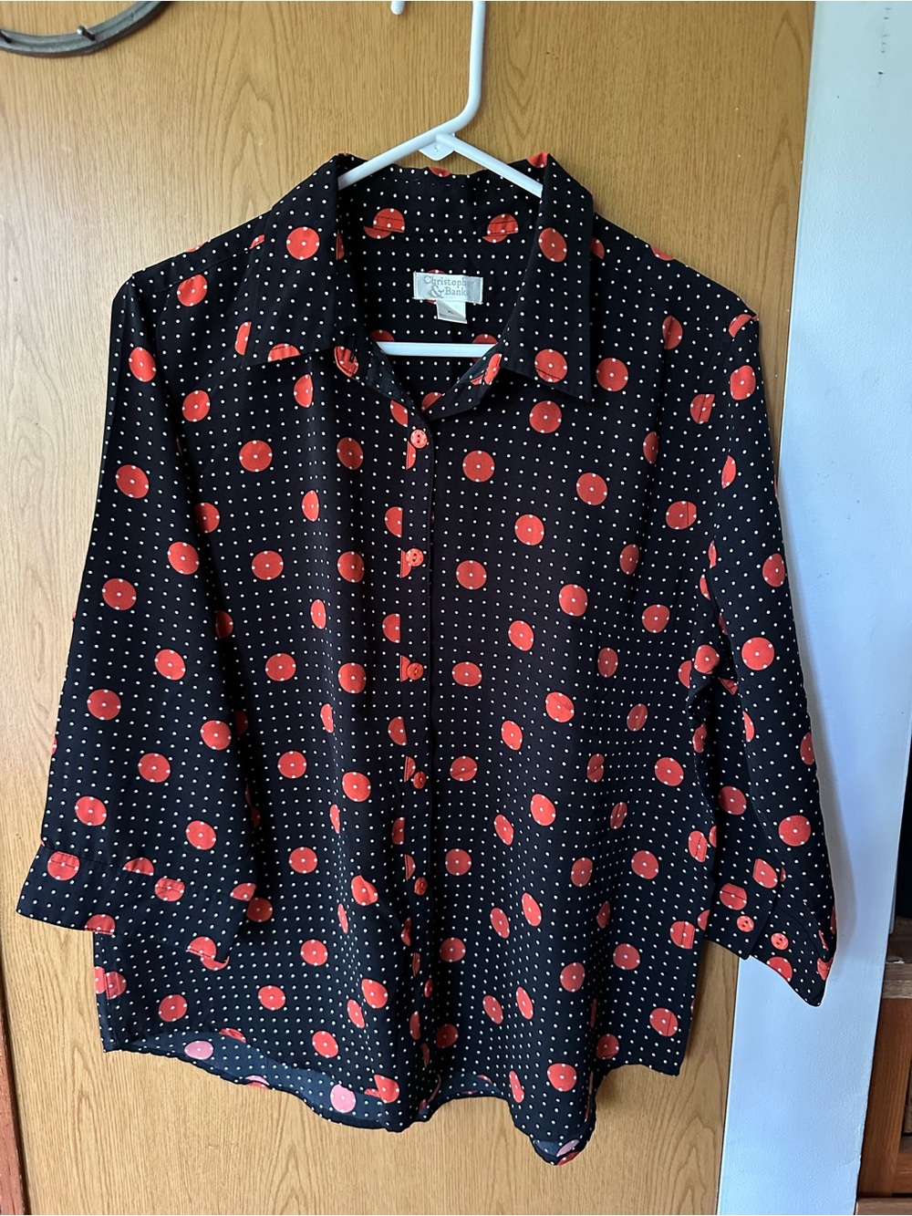 Christopher & Banks Black Button-Down Blouse with Red Polka Dots